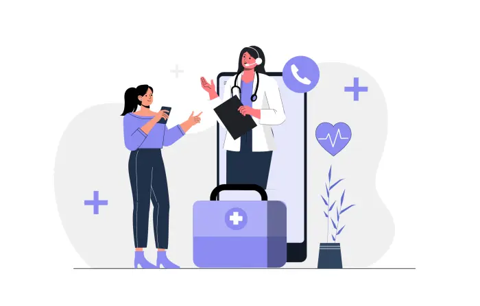 Doctor and Girl Talking on Mobile Flat Vector Illustration